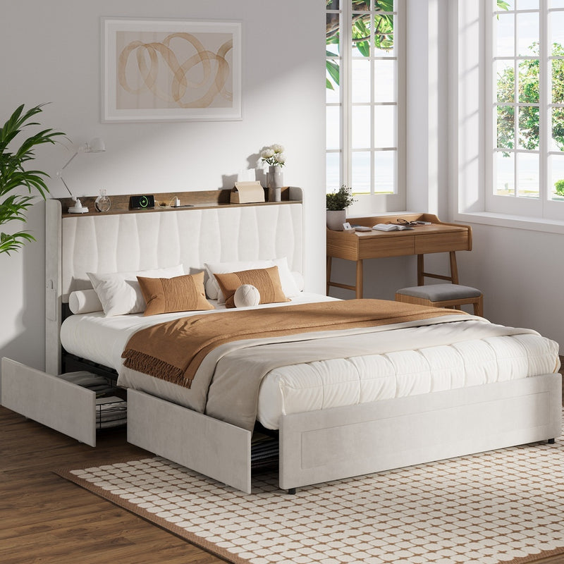 Oikiture Queen Bed Frame with 4 Drawers Charging Station Beige