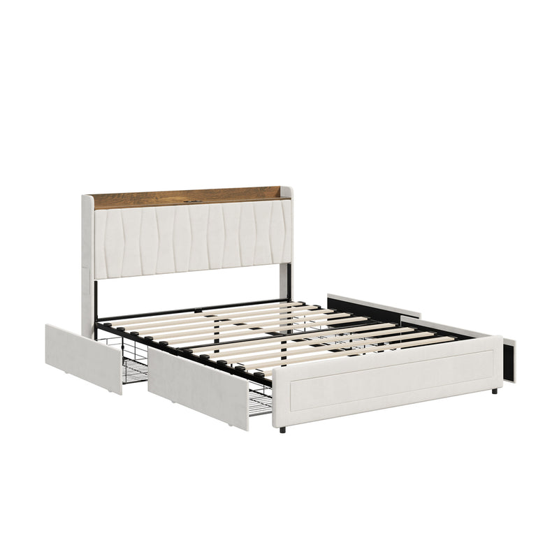 Oikiture Queen Bed Frame with 4 Drawers Charging Station Beige