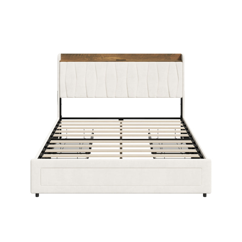 Oikiture Queen Bed Frame with 4 Drawers Charging Station Beige