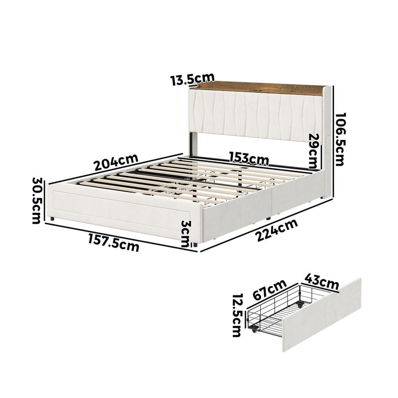 Oikiture Queen Bed Frame with 4 Drawers Charging Station Beige
