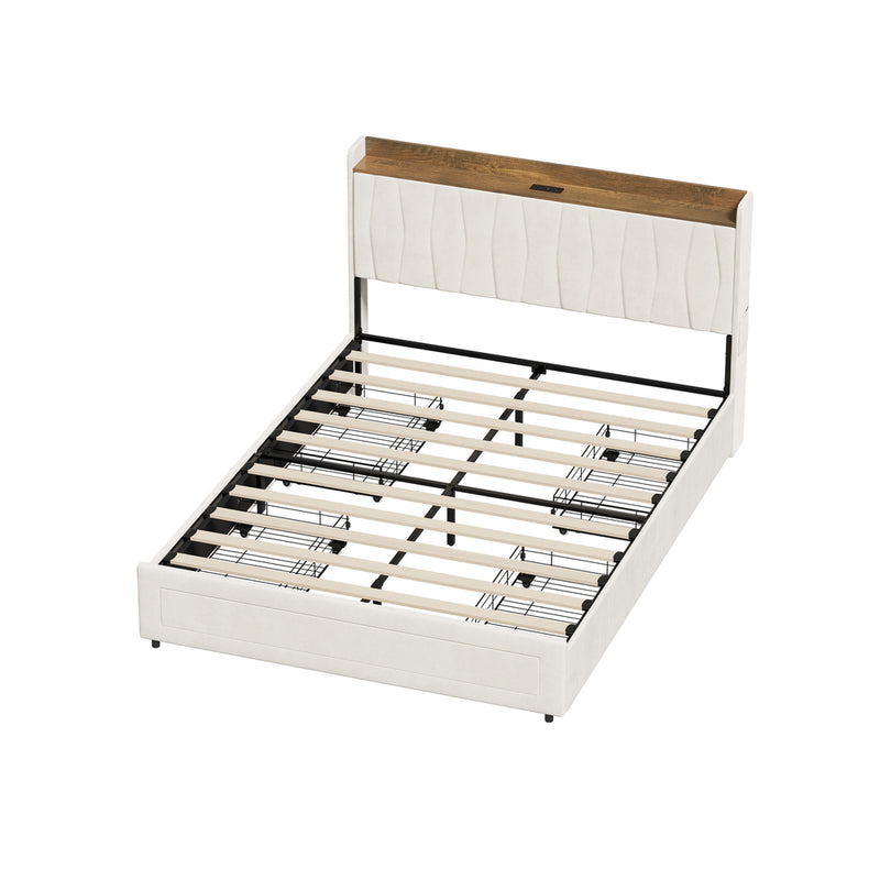 Oikiture Queen Bed Frame with 4 Drawers Charging Station Beige