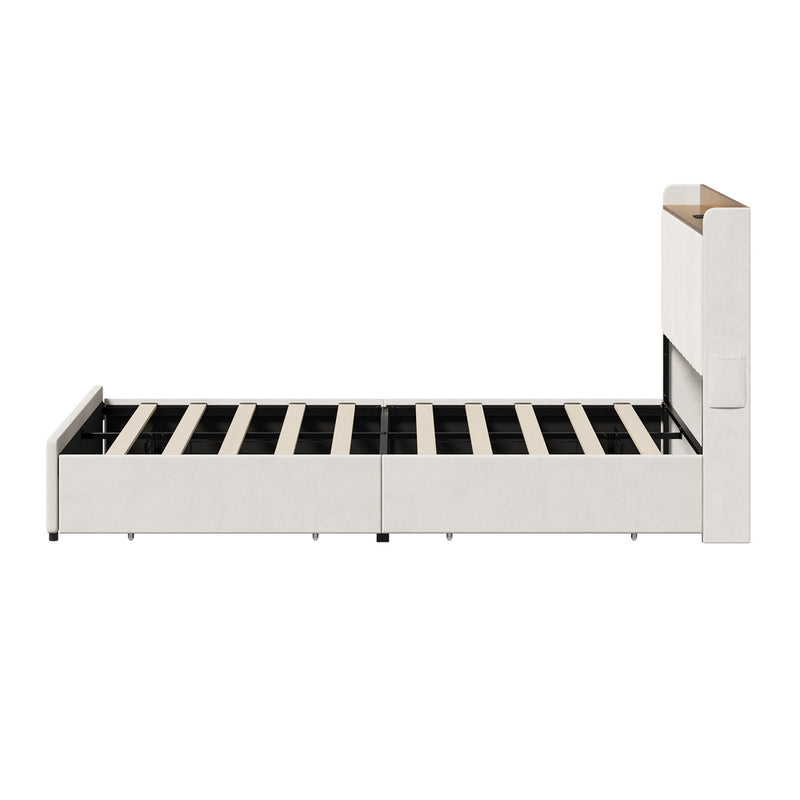 Oikiture Queen Bed Frame with 4 Drawers Charging Station Beige