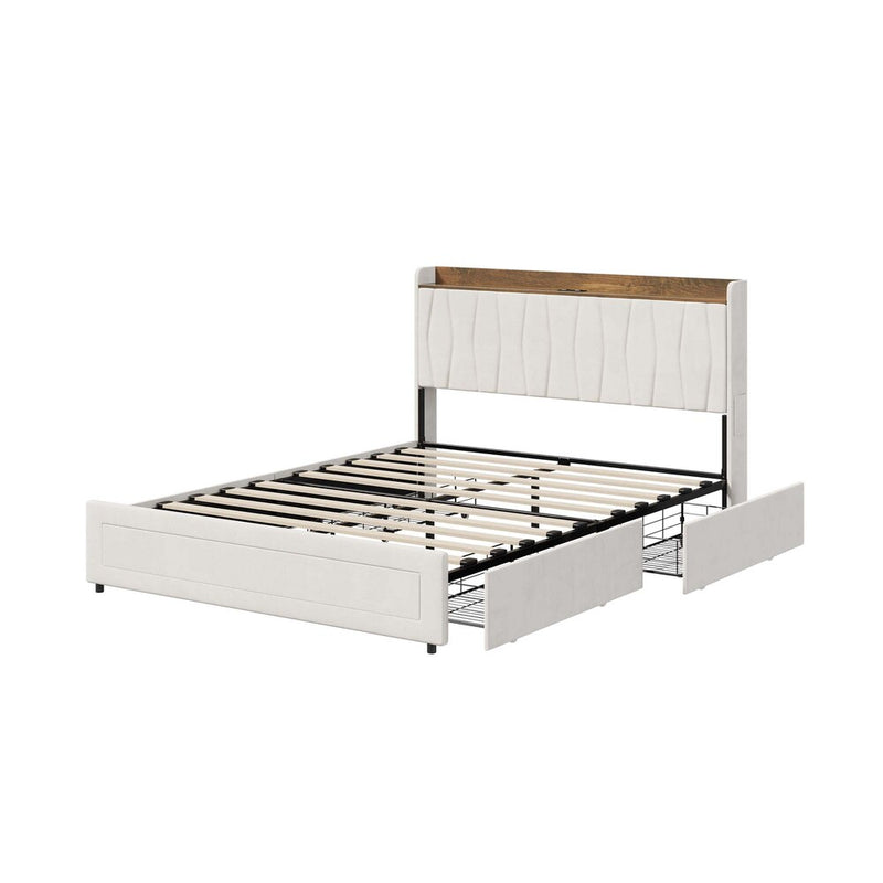 Oikiture Queen Bed Frame with 4 Drawers Charging Station Beige