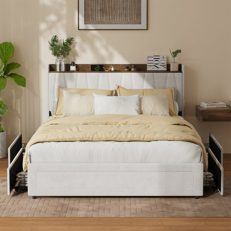 Oikiture Queen Bed Frame with 4 Drawers Charging Station Beige