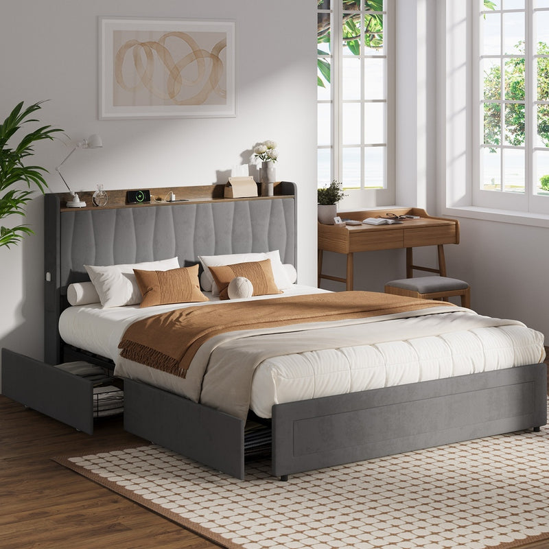 Oikiture Queen Bed Frame with 4 Drawers & Charging Port Grey