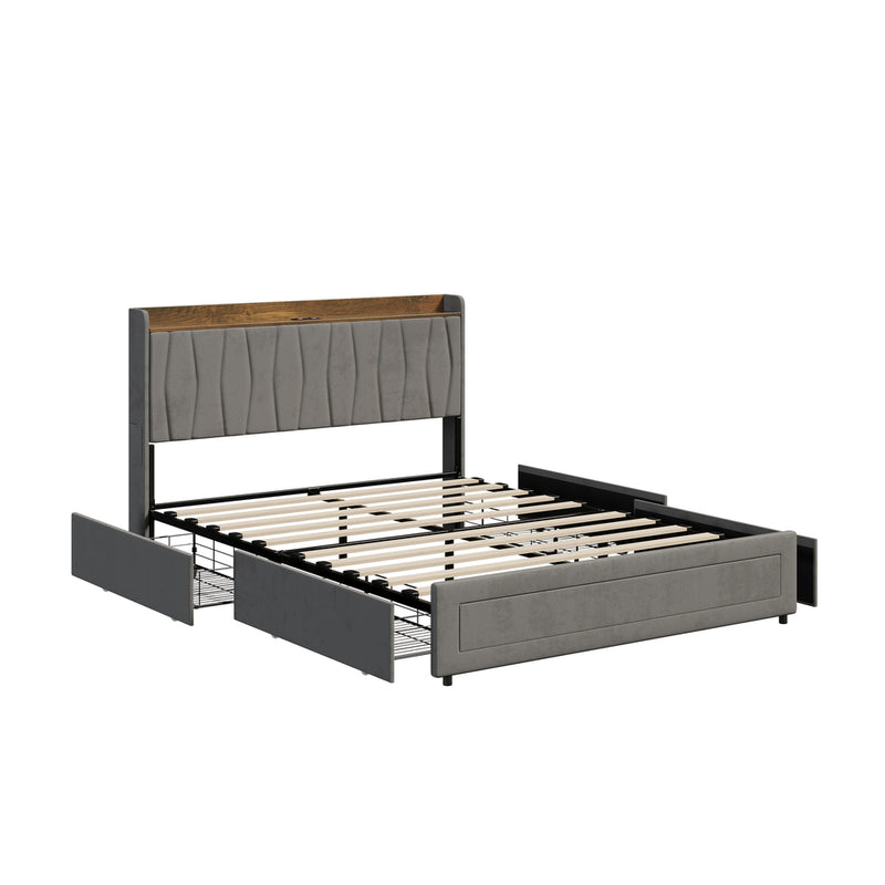 Oikiture Queen Bed Frame with 4 Drawers & Charging Port Grey