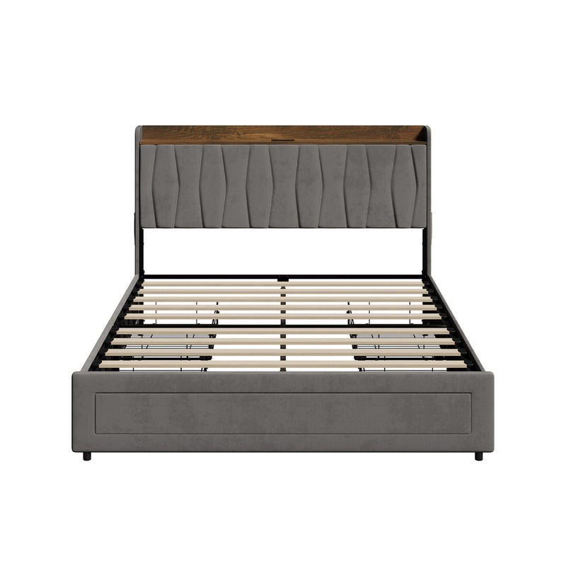 Oikiture Queen Bed Frame with 4 Drawers & Charging Port Grey