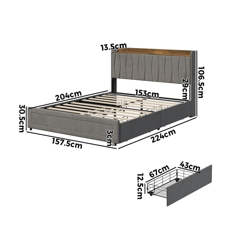 Oikiture Queen Bed Frame with 4 Drawers & Charging Port Grey