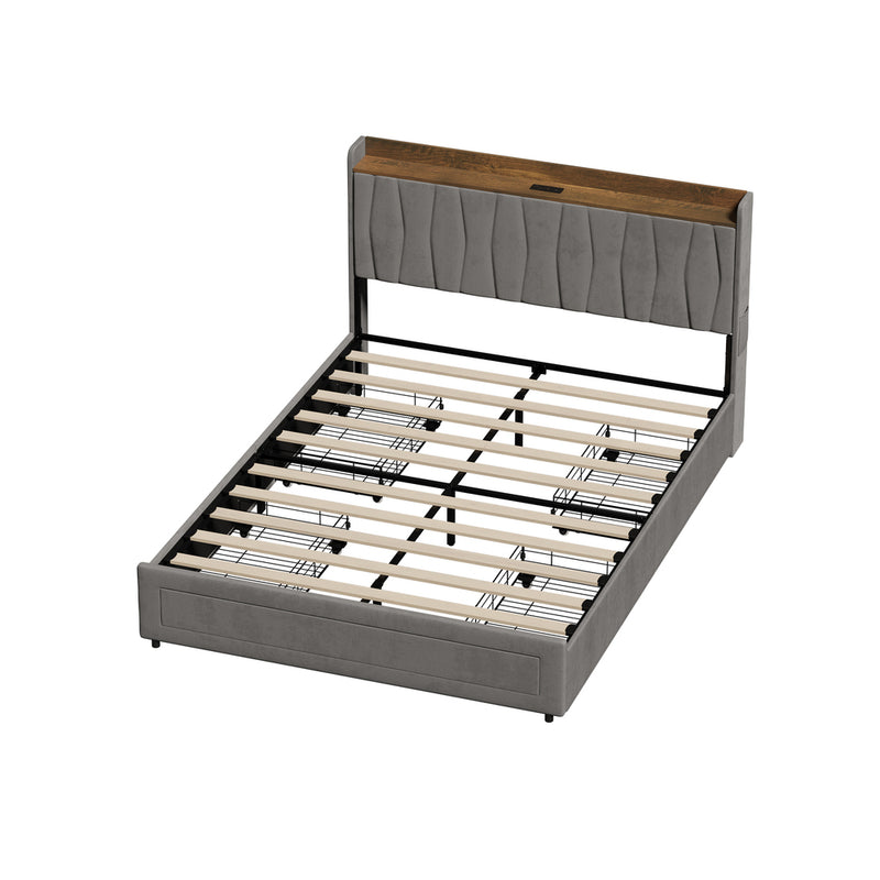 Oikiture Queen Bed Frame with 4 Drawers & Charging Port Grey