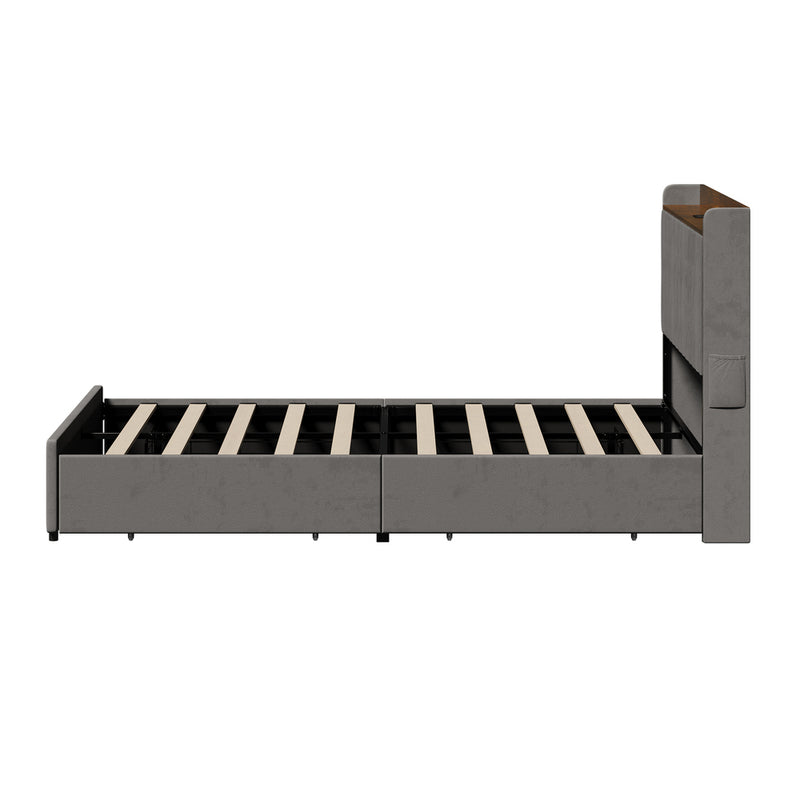 Oikiture Queen Bed Frame with 4 Drawers & Charging Port Grey