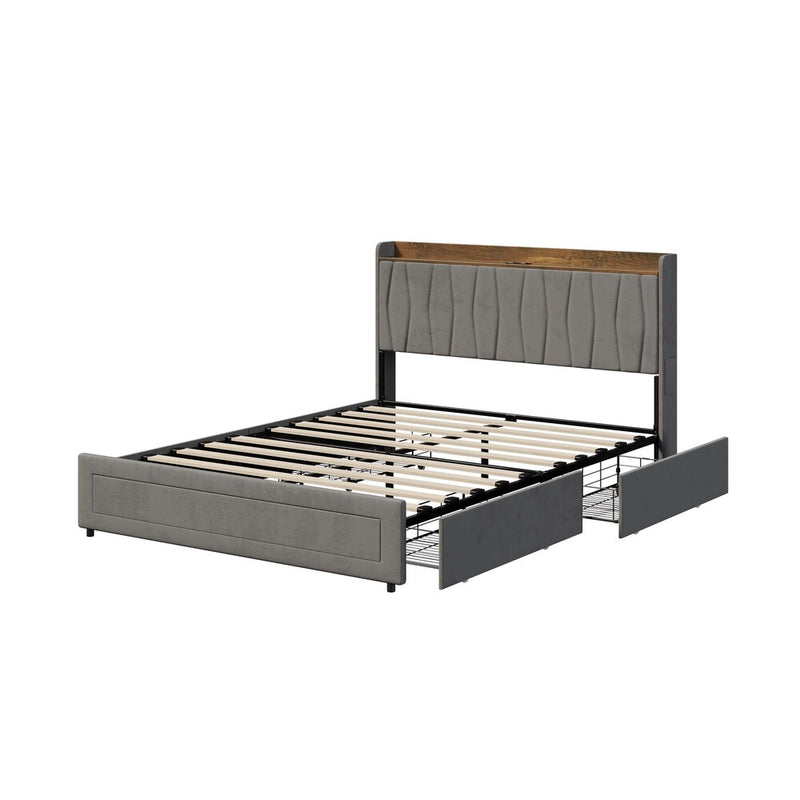 Oikiture Queen Bed Frame with 4 Drawers & Charging Port Grey