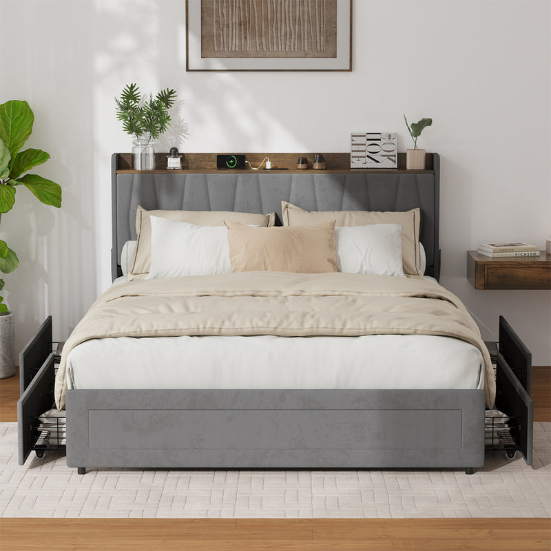Oikiture Queen Bed Frame with 4 Drawers & Charging Port Grey