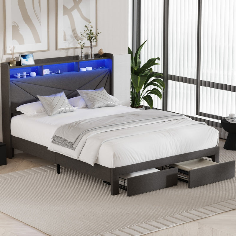 Oikiture Double Bed Frame LED Headboard With USB Charging & Drawers