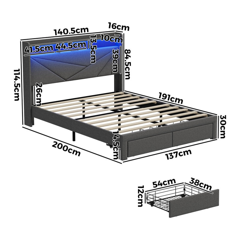 Oikiture Double Bed Frame LED Headboard With USB Charging & Drawers