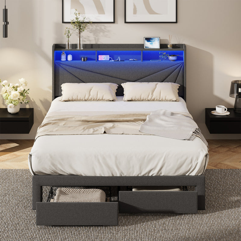 Oikiture Double Bed Frame LED Headboard With USB Charging & Drawers
