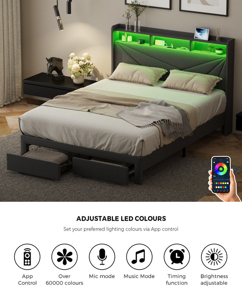 Oikiture Double Bed Frame LED Headboard With USB Charging & Drawers