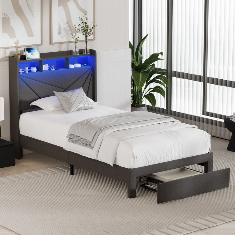 Oikiture Bed Frame King Single Headboard With USB Charging & Drawers