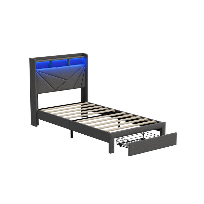 Oikiture Bed Frame King Single Headboard With USB Charging & Drawers
