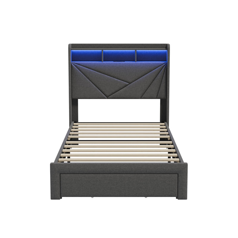 Oikiture Bed Frame King Single Headboard With USB Charging & Drawers