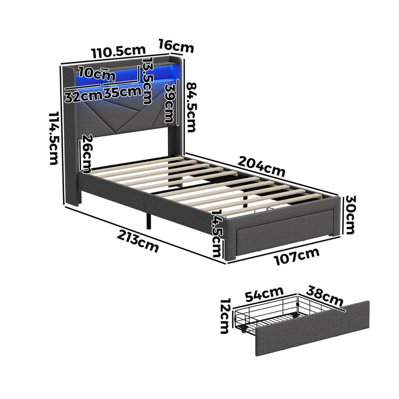 Oikiture Bed Frame King Single Headboard With USB Charging & Drawers