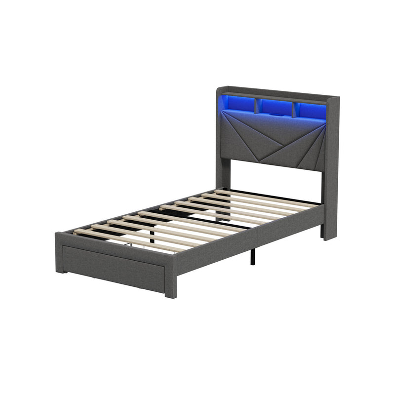 Oikiture Bed Frame King Single Headboard With USB Charging & Drawers