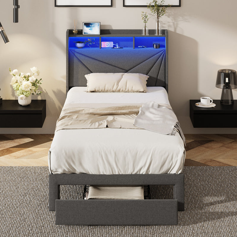 Oikiture Bed Frame King Single Headboard With USB Charging & Drawers