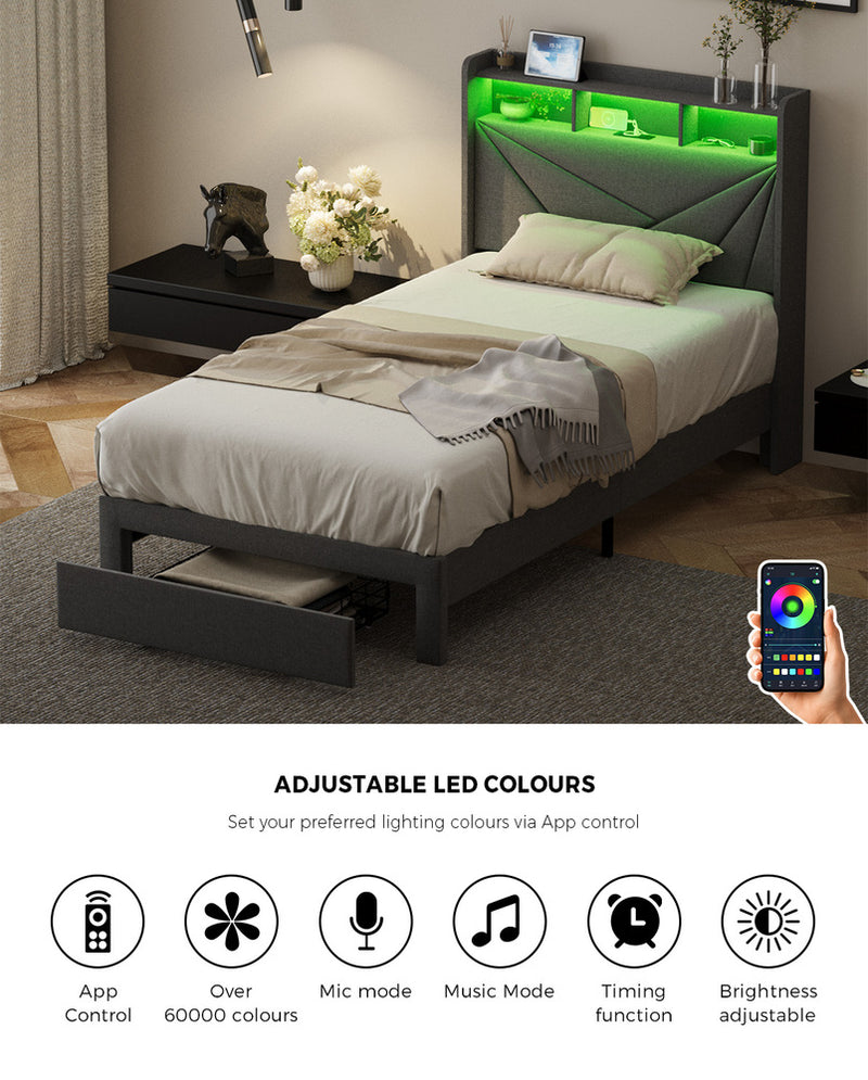 Oikiture Bed Frame King Single Headboard With USB Charging & Drawers