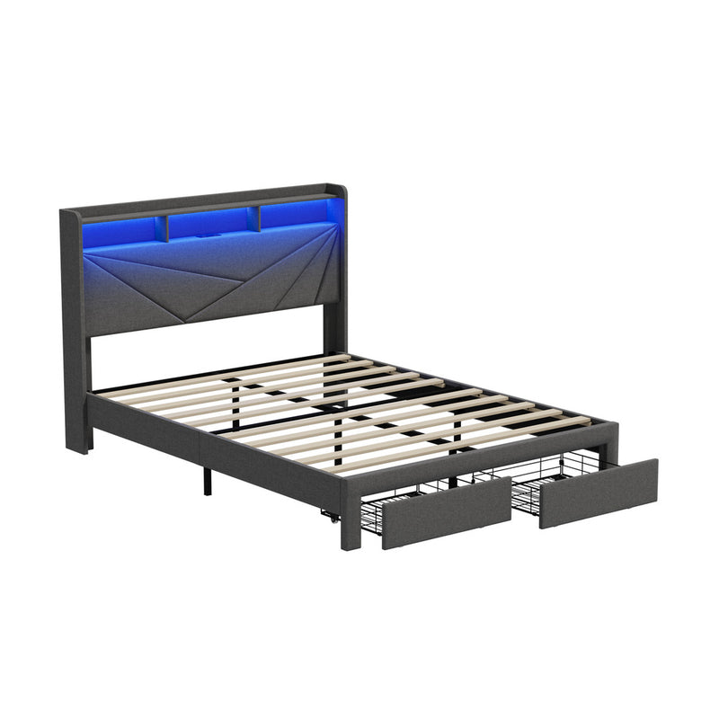 Oikiture Queen Bed Frame LED Storge Headboard With Charging & Drawers