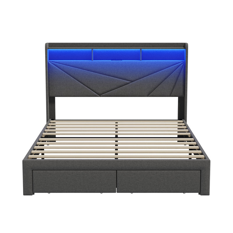 Oikiture Queen Bed Frame LED Storge Headboard With Charging & Drawers