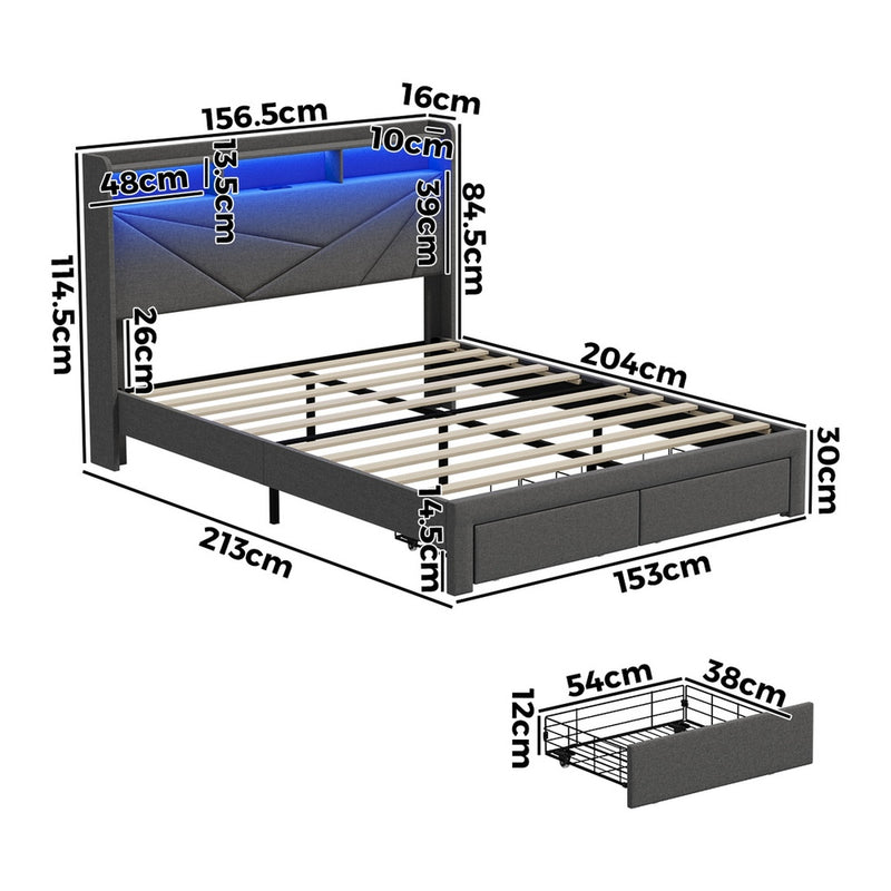Oikiture Queen Bed Frame LED Storge Headboard With Charging & Drawers