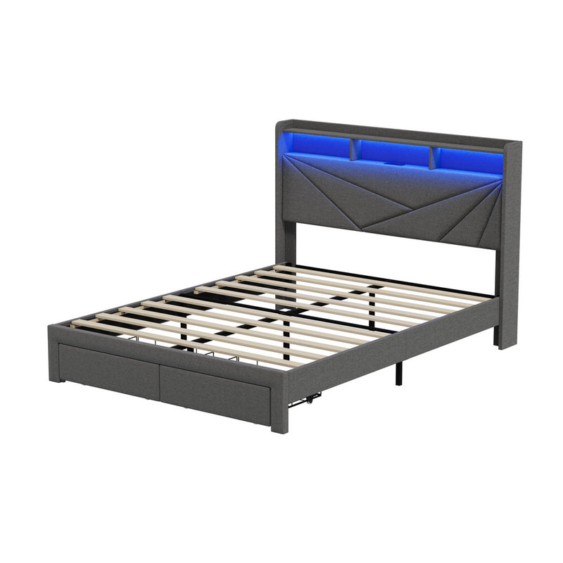 Oikiture Queen Bed Frame LED Storge Headboard With Charging & Drawers