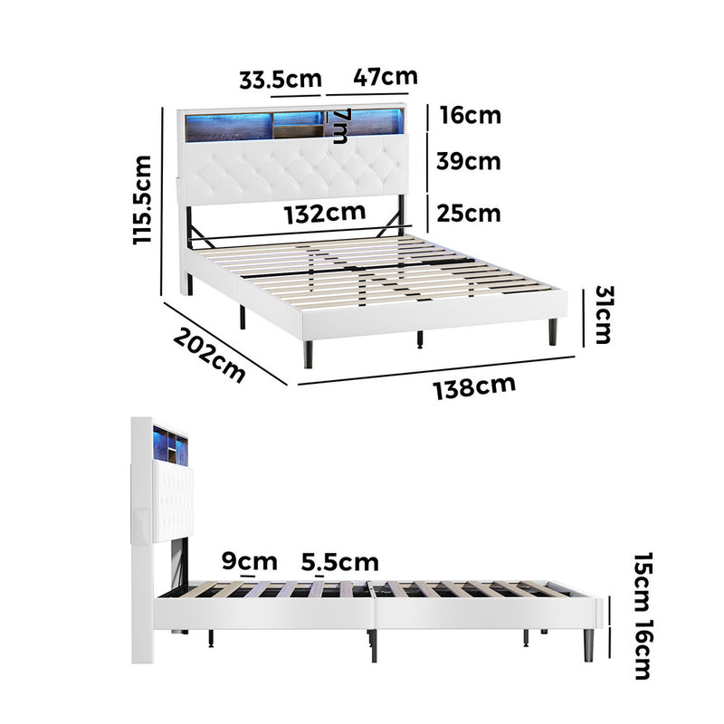 Oikiture Bed Frame Double Size with LED Storage Bedhead White