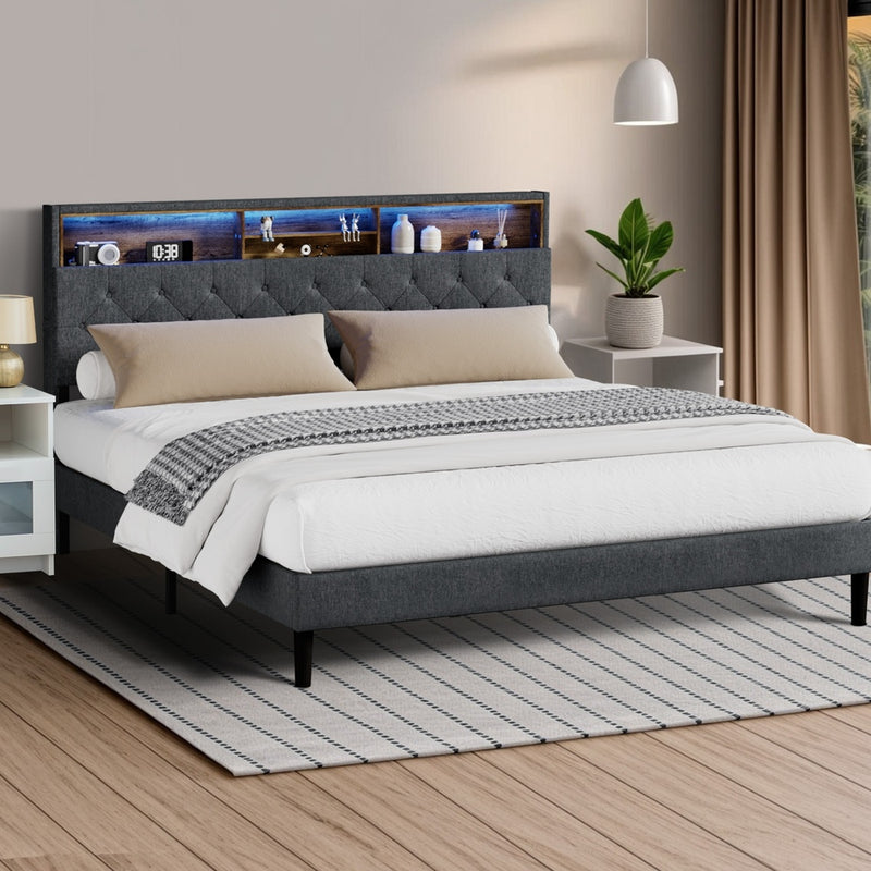Oikiture Bed Frame with LED Storage Bedhead King Size NOVI