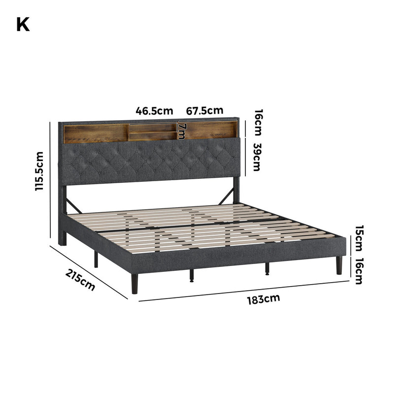 Oikiture Bed Frame with LED Storage Bedhead King Size NOVI