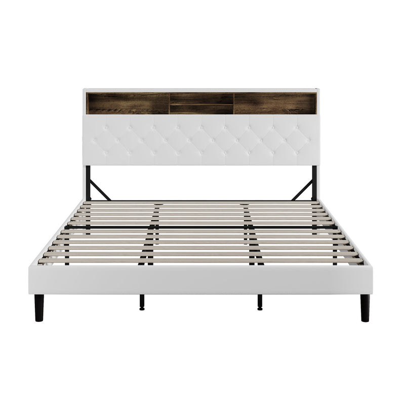 Oikiture Bed Frame King Size with LED Storage Bedhead White