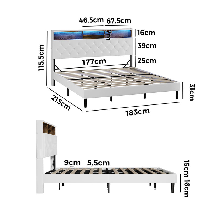 Oikiture Bed Frame King Size with LED Storage Bedhead White