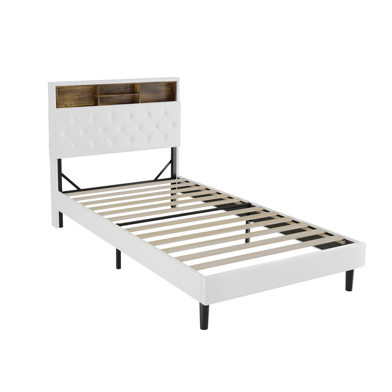 Oikiture Bed Frame King Single Size with LED Storage Bedhead White