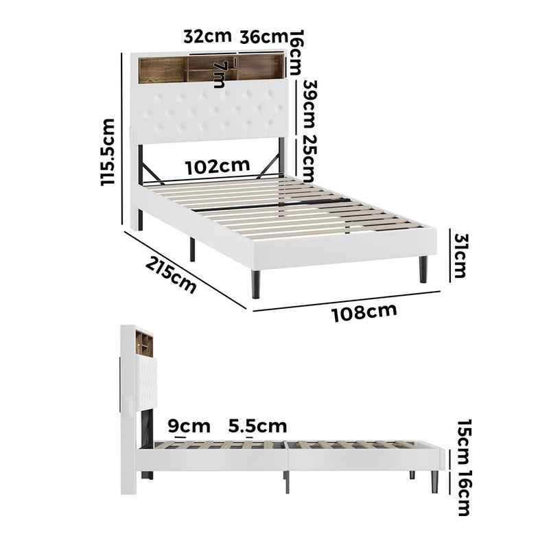 Oikiture Bed Frame King Single Size with LED Storage Bedhead White