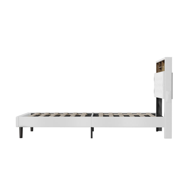 Oikiture Bed Frame King Single Size with LED Storage Bedhead White