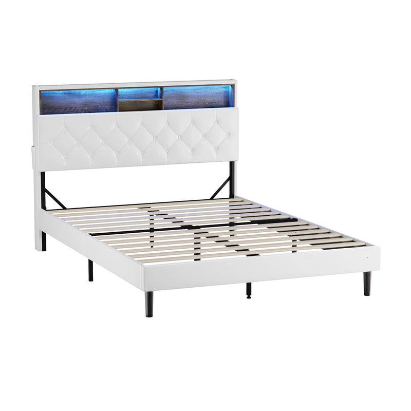 Oikiture Bed Frame Queen Size with LED Storage Bedhead White
