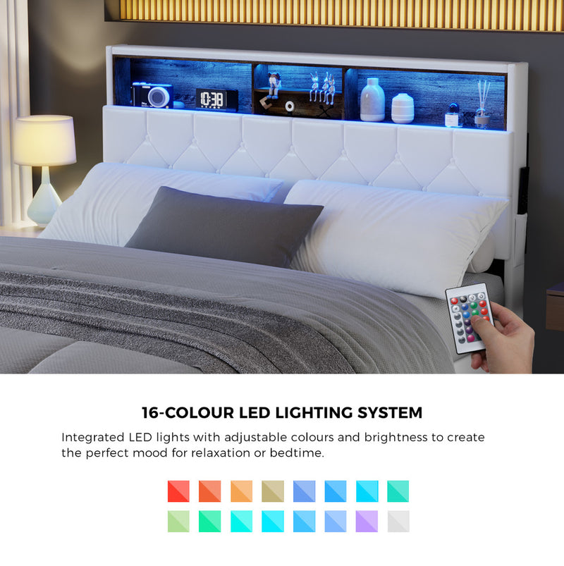 Oikiture Bed Frame Queen Size with LED Storage Bedhead White