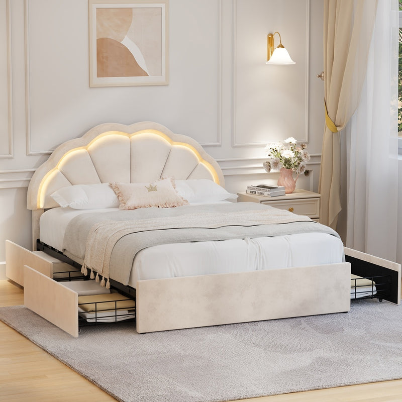 Oikiture Double Size Bed Frame LED Headboard with Drawers Beige