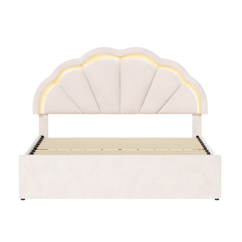 Oikiture Double Size Bed Frame LED Headboard with Drawers Beige