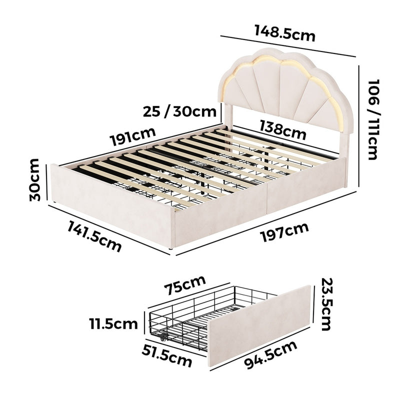 Oikiture Double Size Bed Frame LED Headboard with Drawers Beige