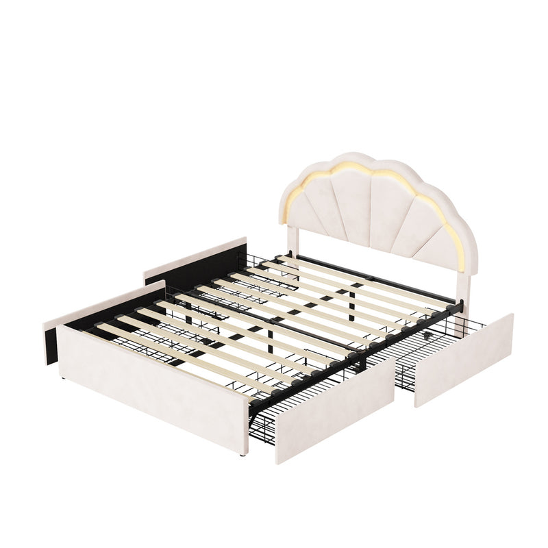 Oikiture Double Size Bed Frame LED Headboard with Drawers Beige