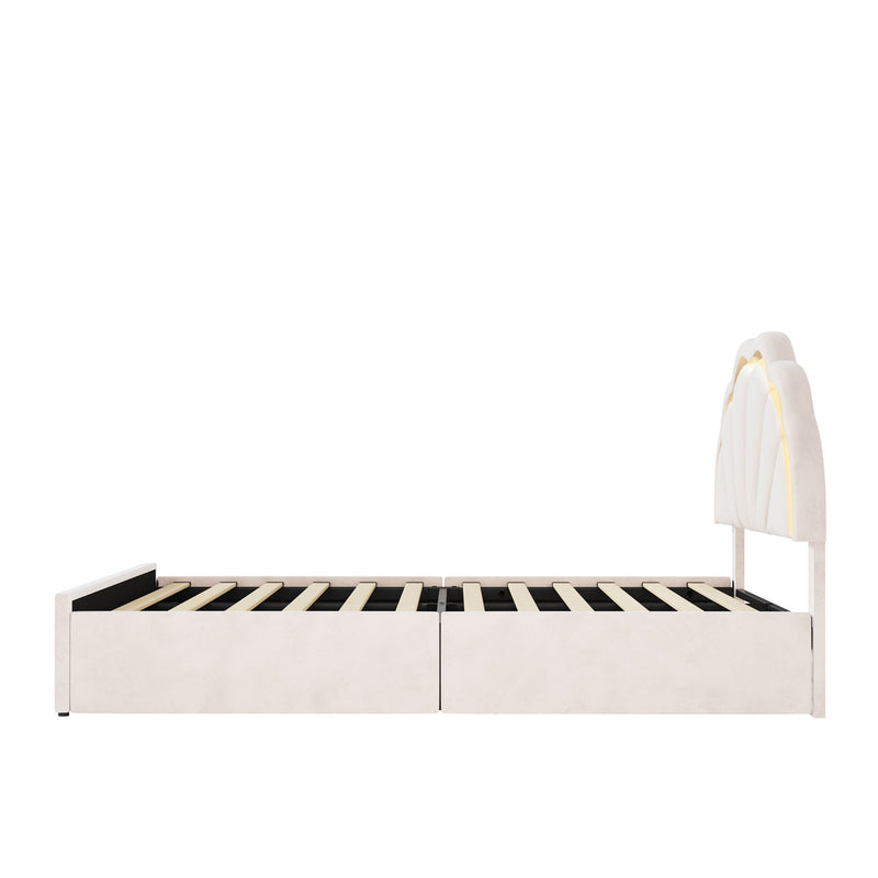 Oikiture Double Size Bed Frame LED Headboard with Drawers Beige