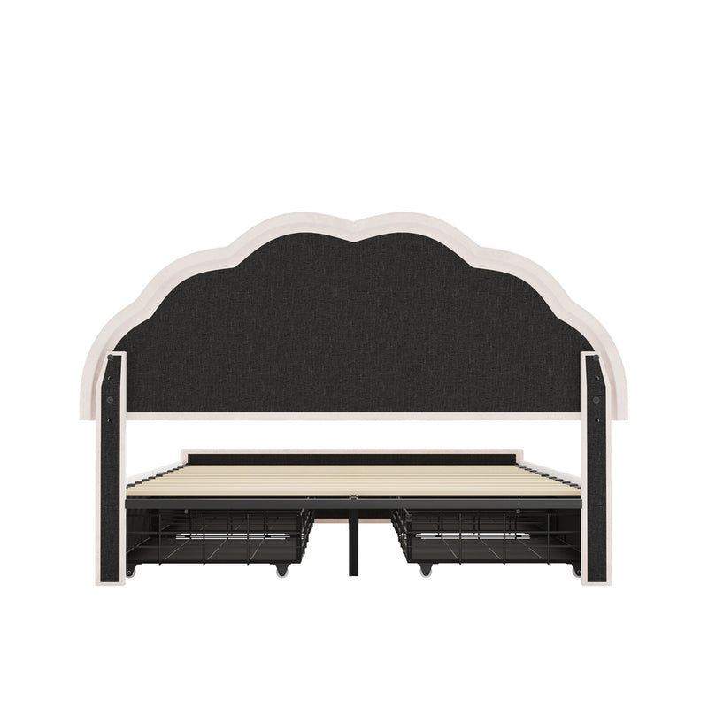 Oikiture Double Size Bed Frame LED Headboard with Drawers Beige