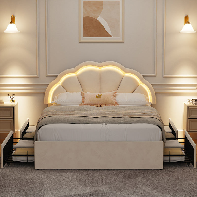 Oikiture Double Size Bed Frame LED Headboard with Drawers Beige