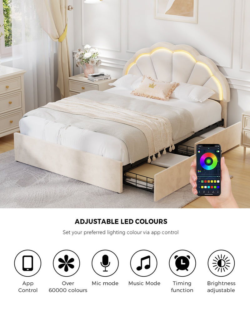 Oikiture Double Size Bed Frame LED Headboard with Drawers Beige