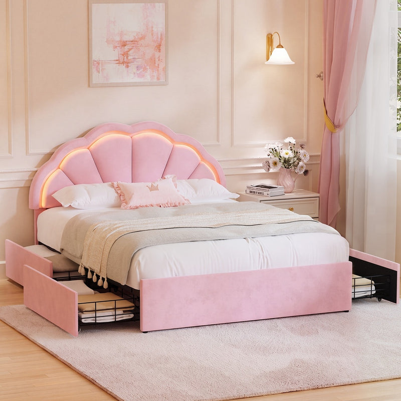 Oikiture Double Size Bed Frame LED Headboard with Drawers Velvet Pink